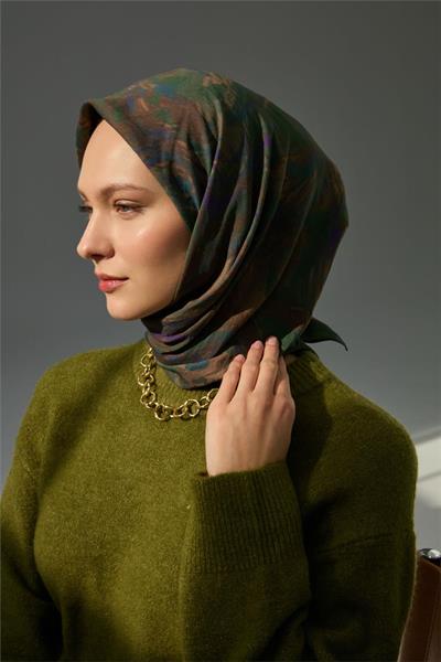 Viskon Velora Eşarp Yeşil Desenli Tok Duruşlu Dört Mevsim 90x90