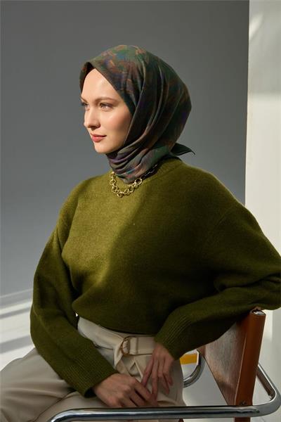 Viskon Velora Eşarp Yeşil Desenli Tok Duruşlu Dört Mevsim 90x90