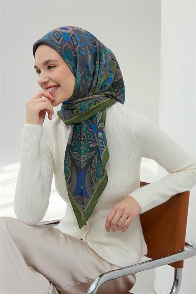 Viskon Velora Eşarp Yeşil Çok Renkli Desenli Tok Duruşlu 90x90