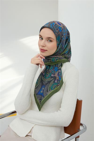 Viskon Velora Eşarp Yeşil Çok Renkli Desenli Tok Duruşlu 90x90