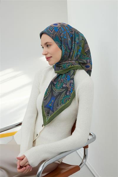 Viskon Velora Eşarp Yeşil Çok Renkli Desenli Tok Duruşlu 90x90