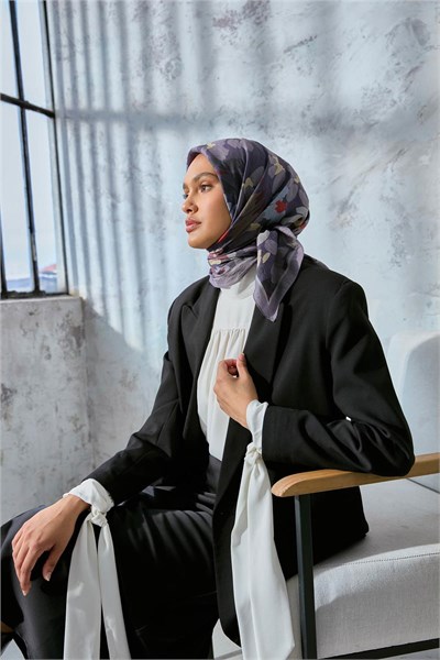 Viskon Velora Karışımlı Eşarp Gri-Mor Tonlu Desenli Tok Duruşlu 90X90