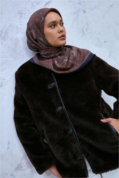 Viskon Velora Karışımlı Eşarp Lacivert-Sütlü Kahve Desenli Kaymaz Dokulu 90X90