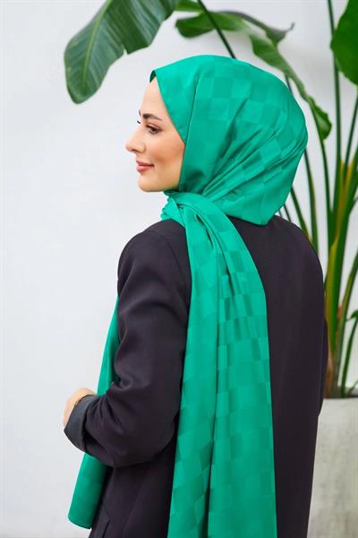 Yeni Dama Desen İpeksi Jakar Şal Benetton Yeşil 9007-23