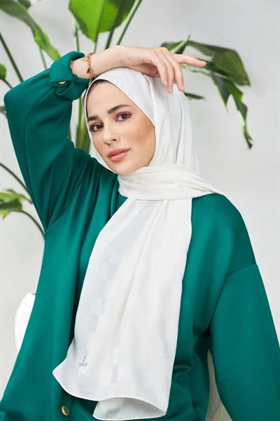 Yeni Dama Desen İpeksi Jakar Şal Kırık Beyaz 9007-06