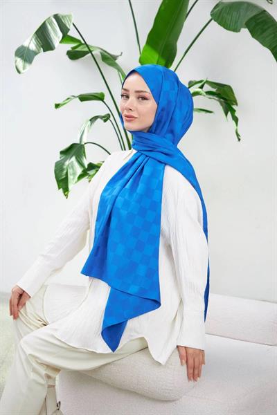 Yeni Dama Desen İpeksi Jakar Şal Saks Mavi 9007-09