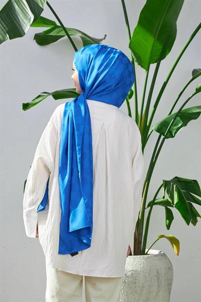 Yeni Dama Desen İpeksi Jakar Şal Saks Mavi 9007-09