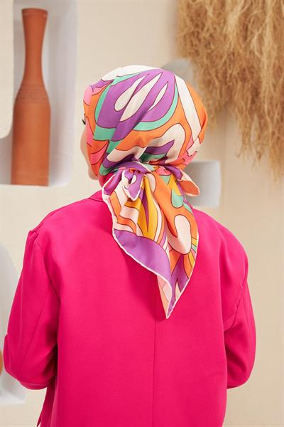 Yeni Twist Desen Pamuk Viskon Eşarp Turuncu Mor 1133-03