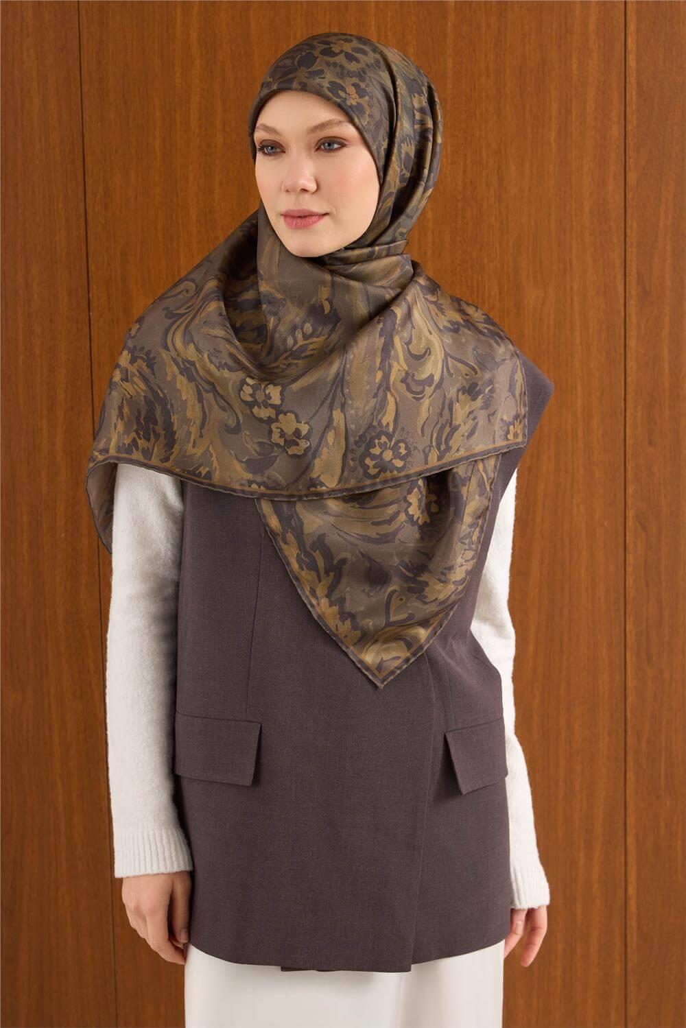 Büyük Boy İpek Eşarp Vintage Çiçek Desen Olive 110x110