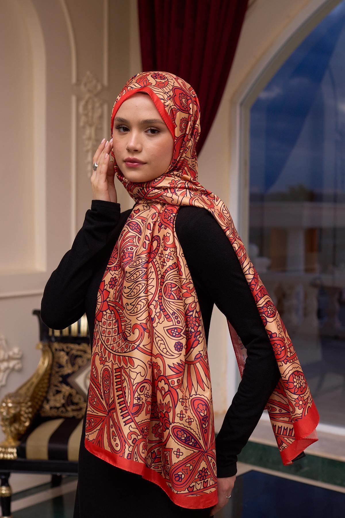 Desenli Vual Şal Altın Turuncu Vual İpek Şal -  9803-01