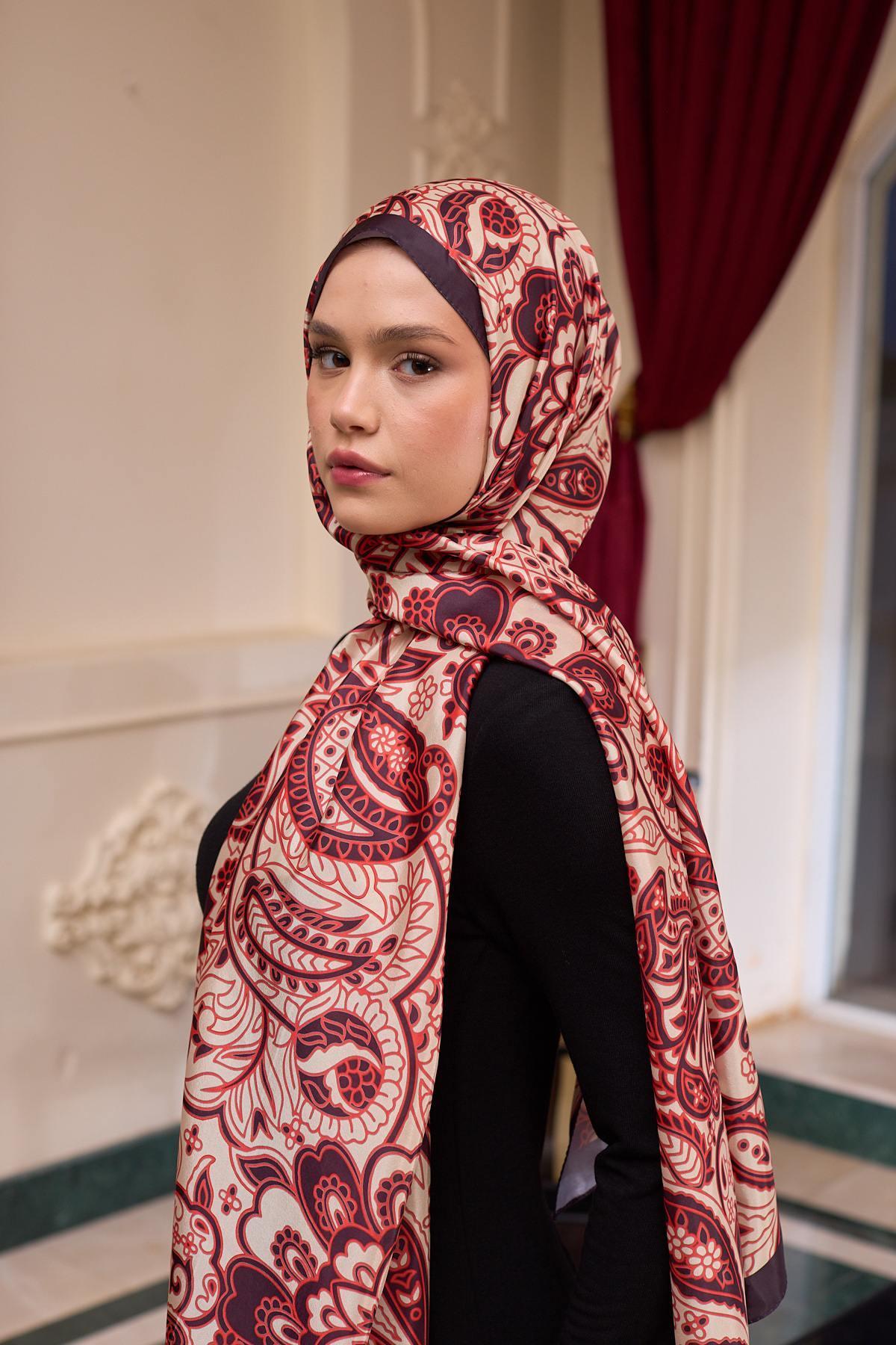 Desenli Vual Şal Krem Kırmızı Vual İpek Şal -  9803-10