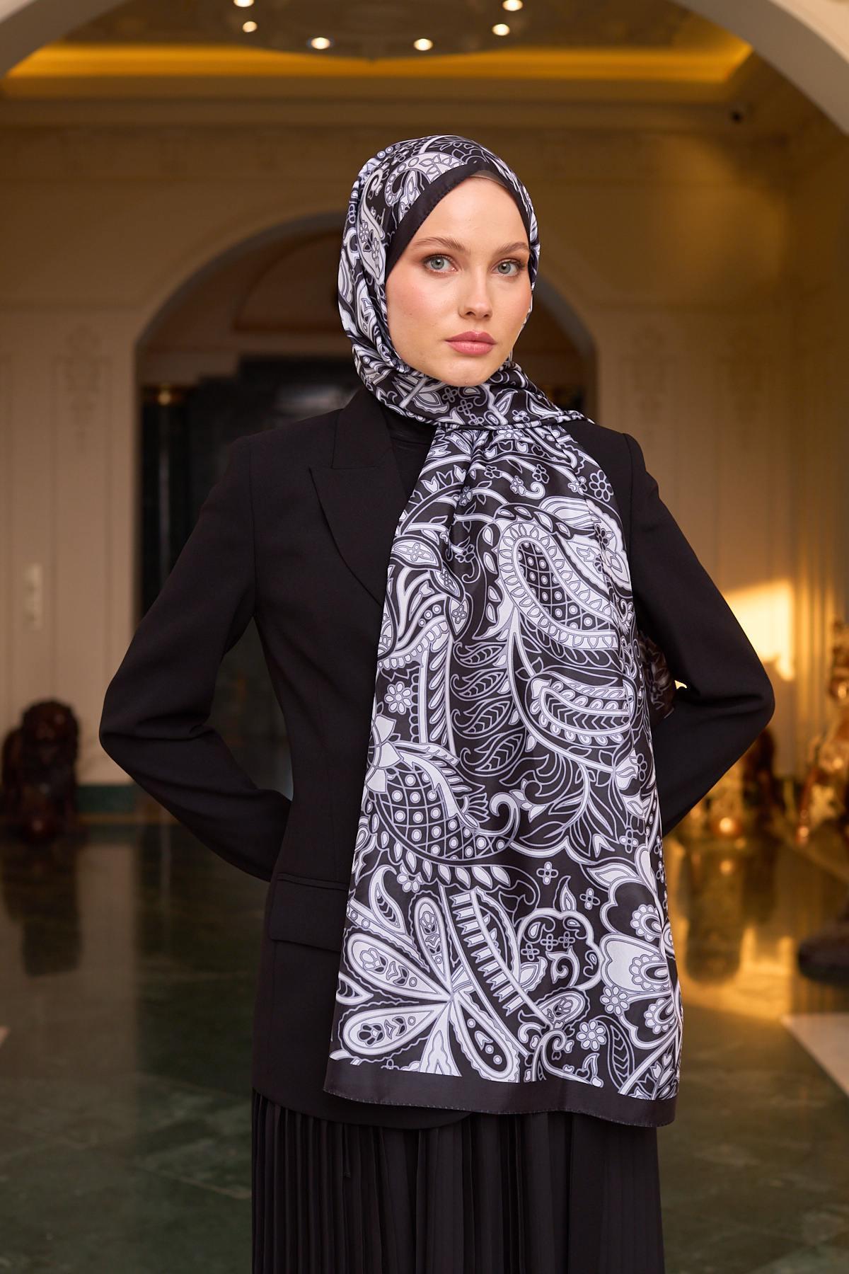 Desenli Vual Şal Siyah Beyaz Vual İpek Şal -  9803-24