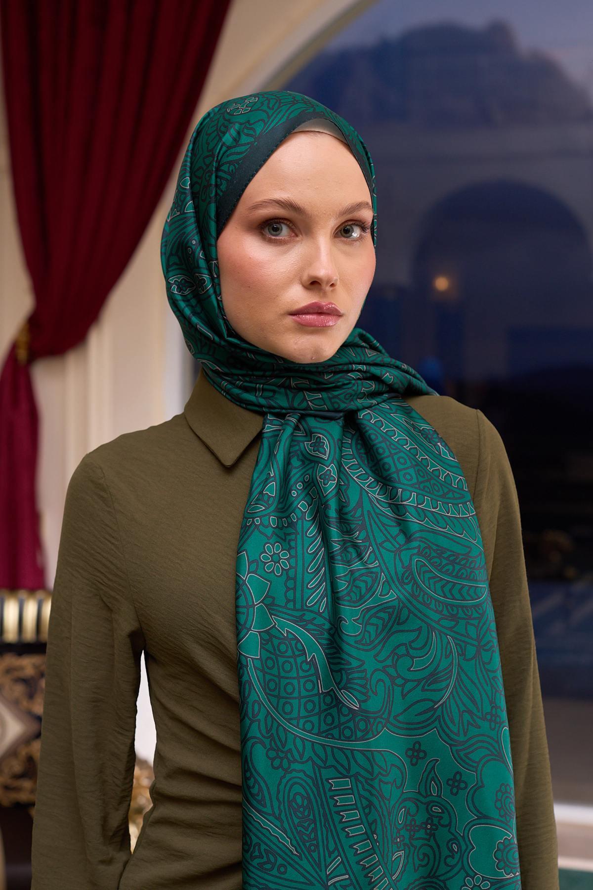 Desenli Vual Şal Zümrüt Yeşili Vual İpek Şal -  9803-32