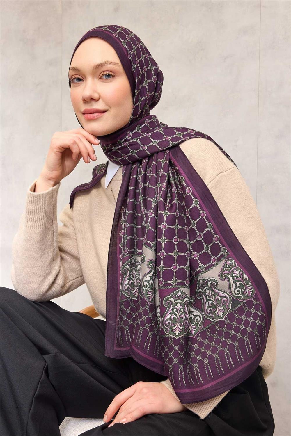 Floş Viskon Organik Şal Halat Desen Koyu Mor 195x75