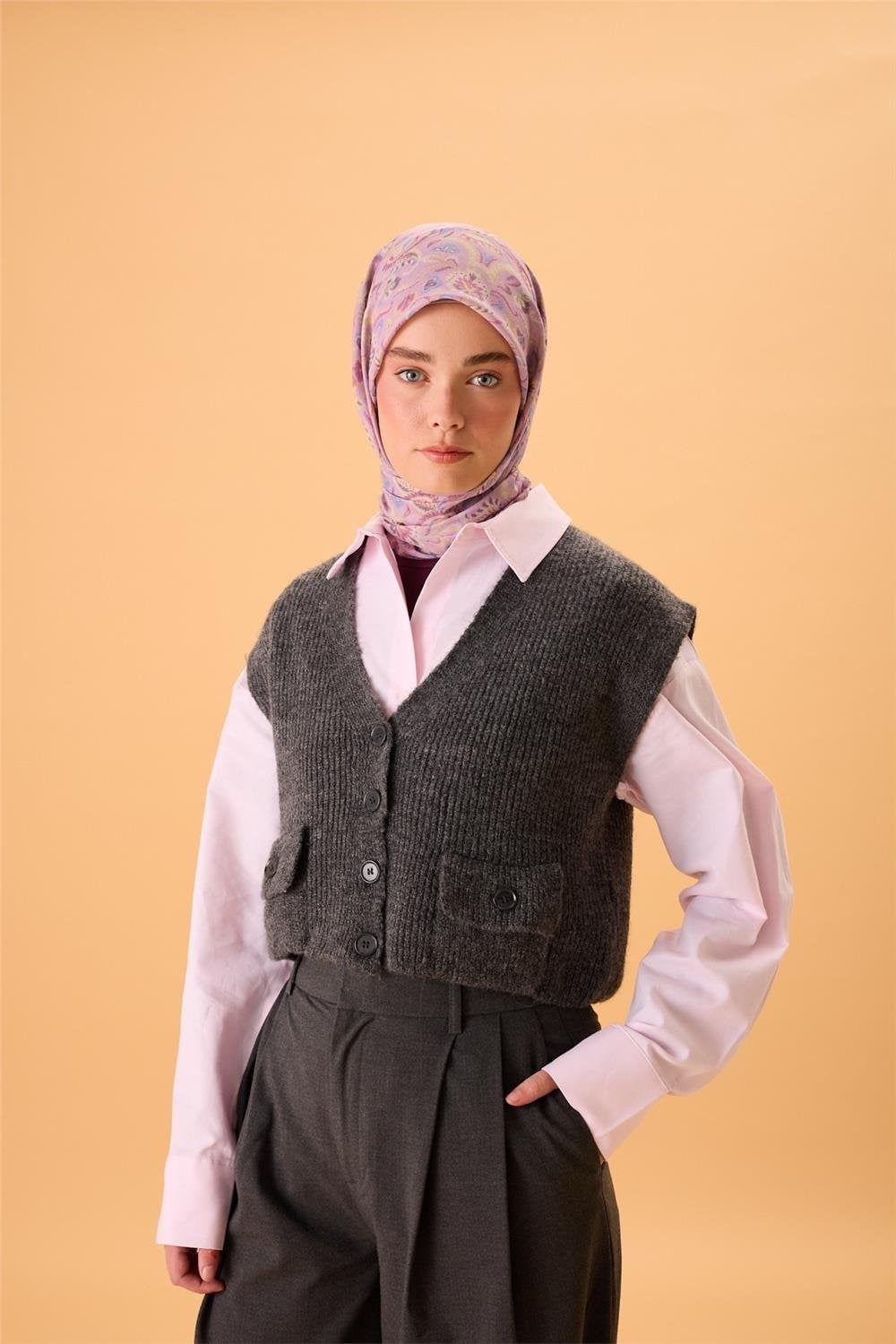 İnce Pamuk Soft Eşarp Pembe-Mavi Lila Desenli Tok Duruşlu 90X90