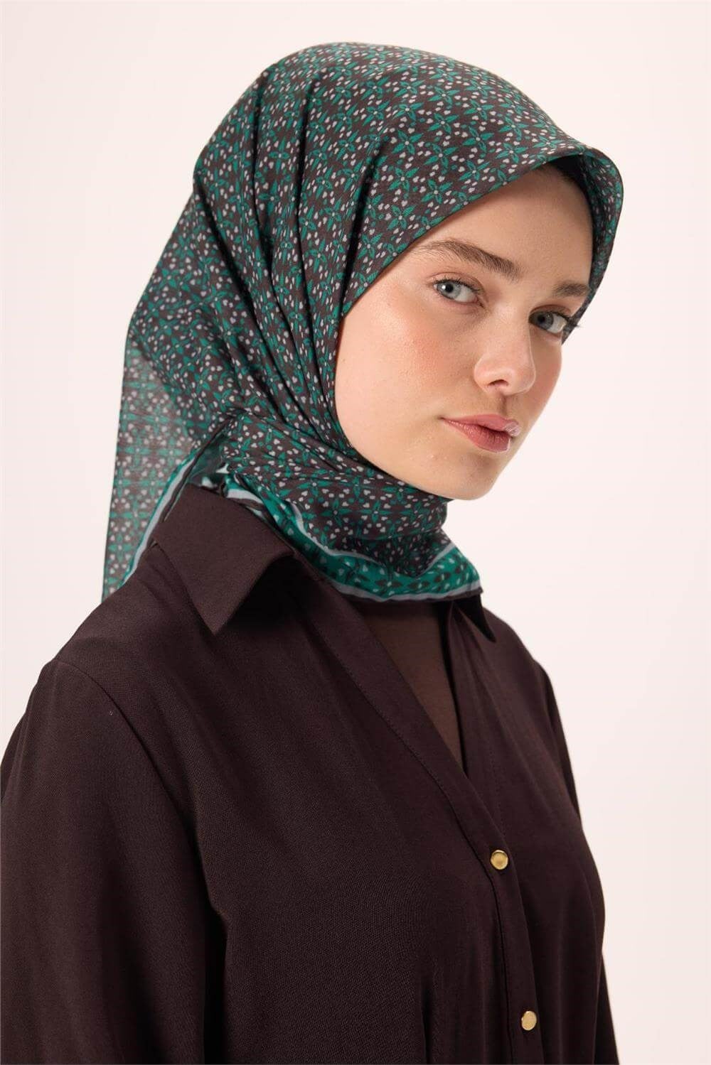 İnce Pamuk Soft Eşarp Soluk Siyah-Patina Desenli Tok Duruşlu Kaymaz 90X90