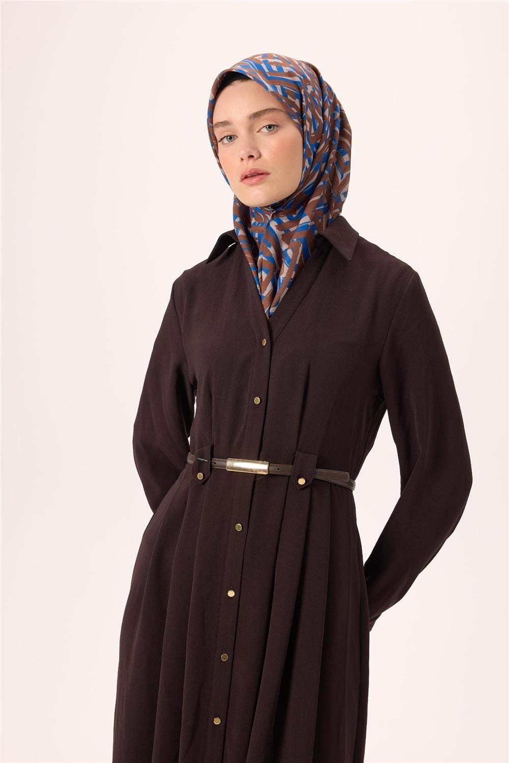 İnce Pamuk Soft Eşarp Vizon Kahverengi Saks Desenli Nefes Alan 90X90