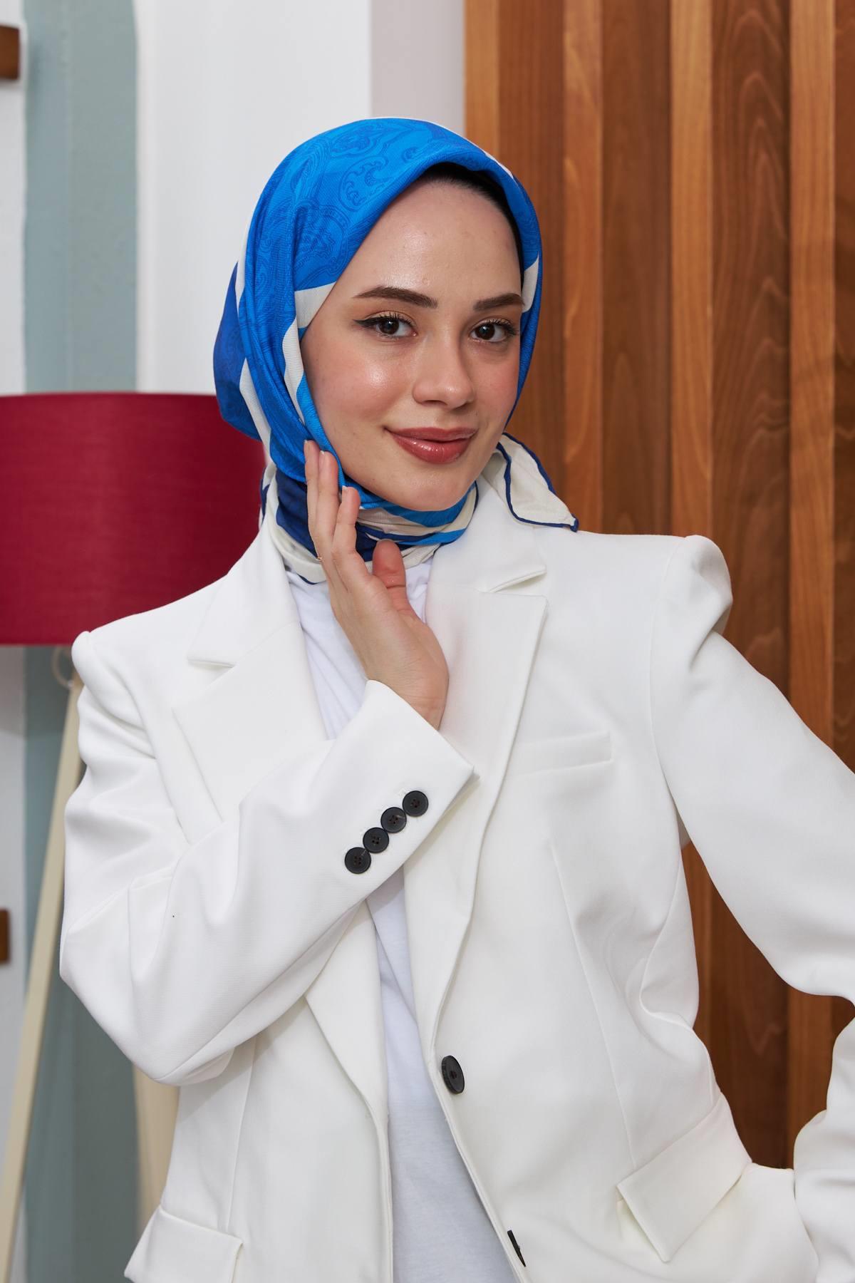 İpekhan Etnik Desen Serisi Sax Mavi Pamuk Viskon Eşarp 1127-11