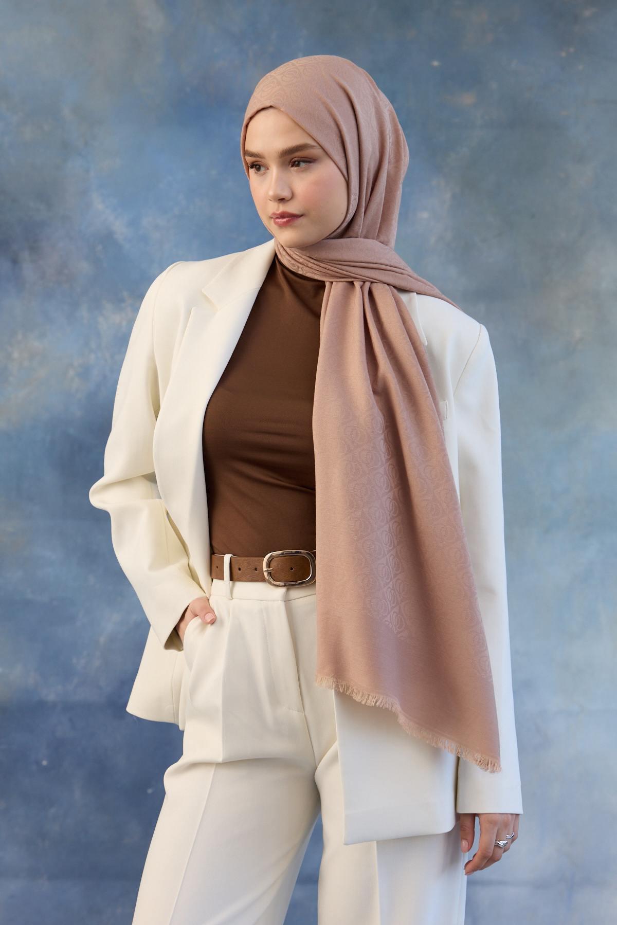 Logo Desen Pamuk Jakar Şal Tatlı Vizon 8008-23