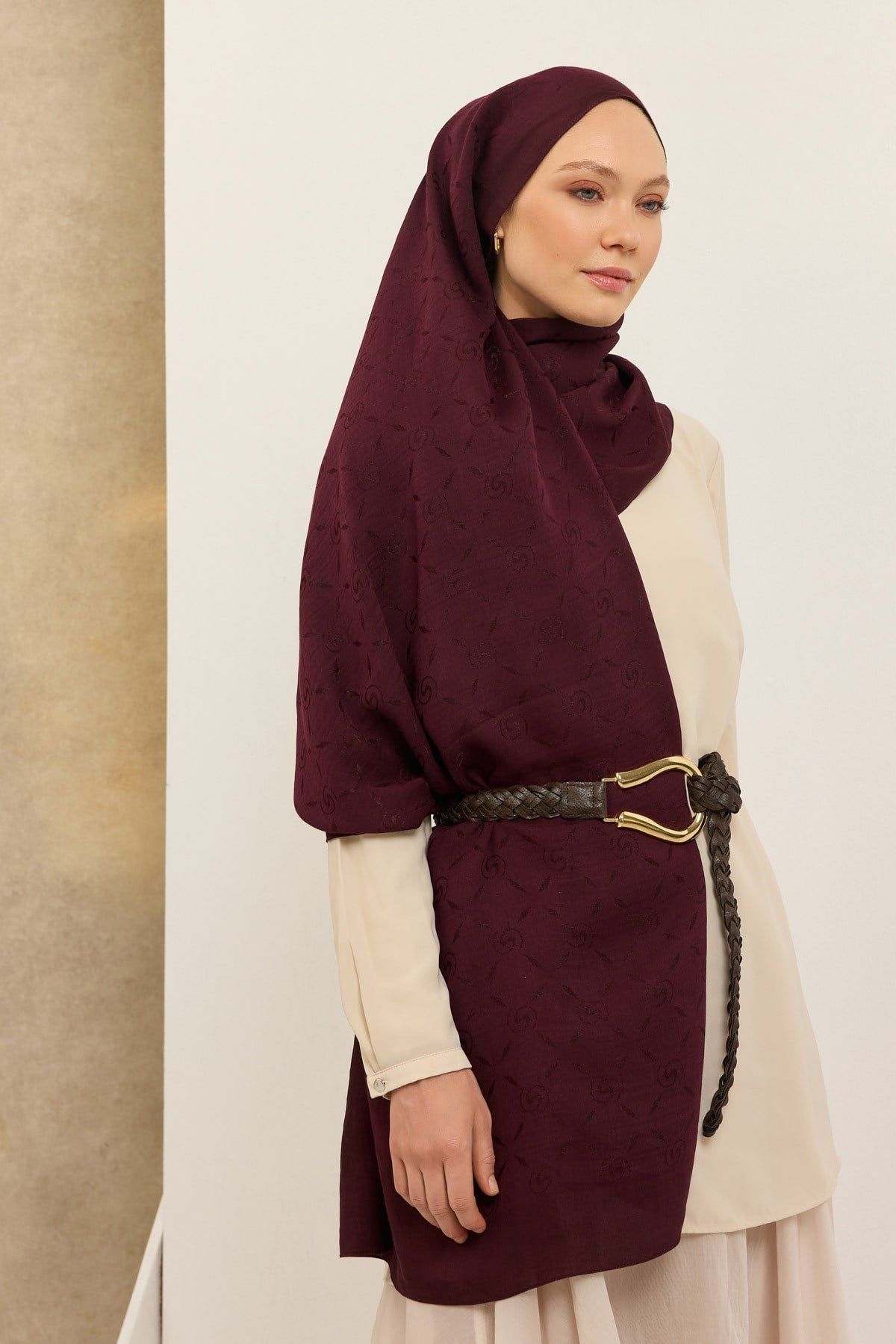 Naia Pamuk Şal Maxi Monogram Mürdüm