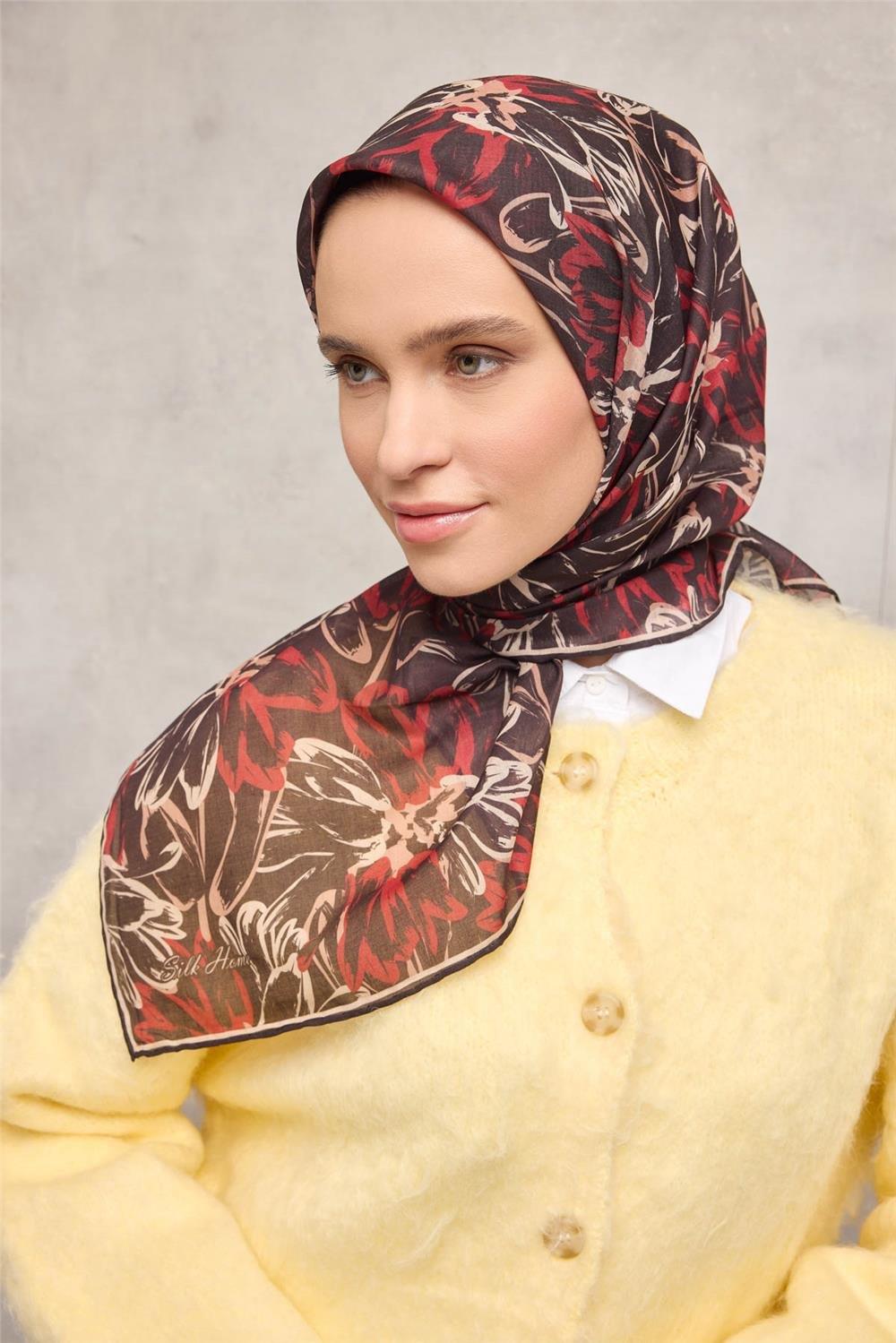 Pamuk Polyester Soft Eşarp Botanik Desen Siyah Bordo 90*90