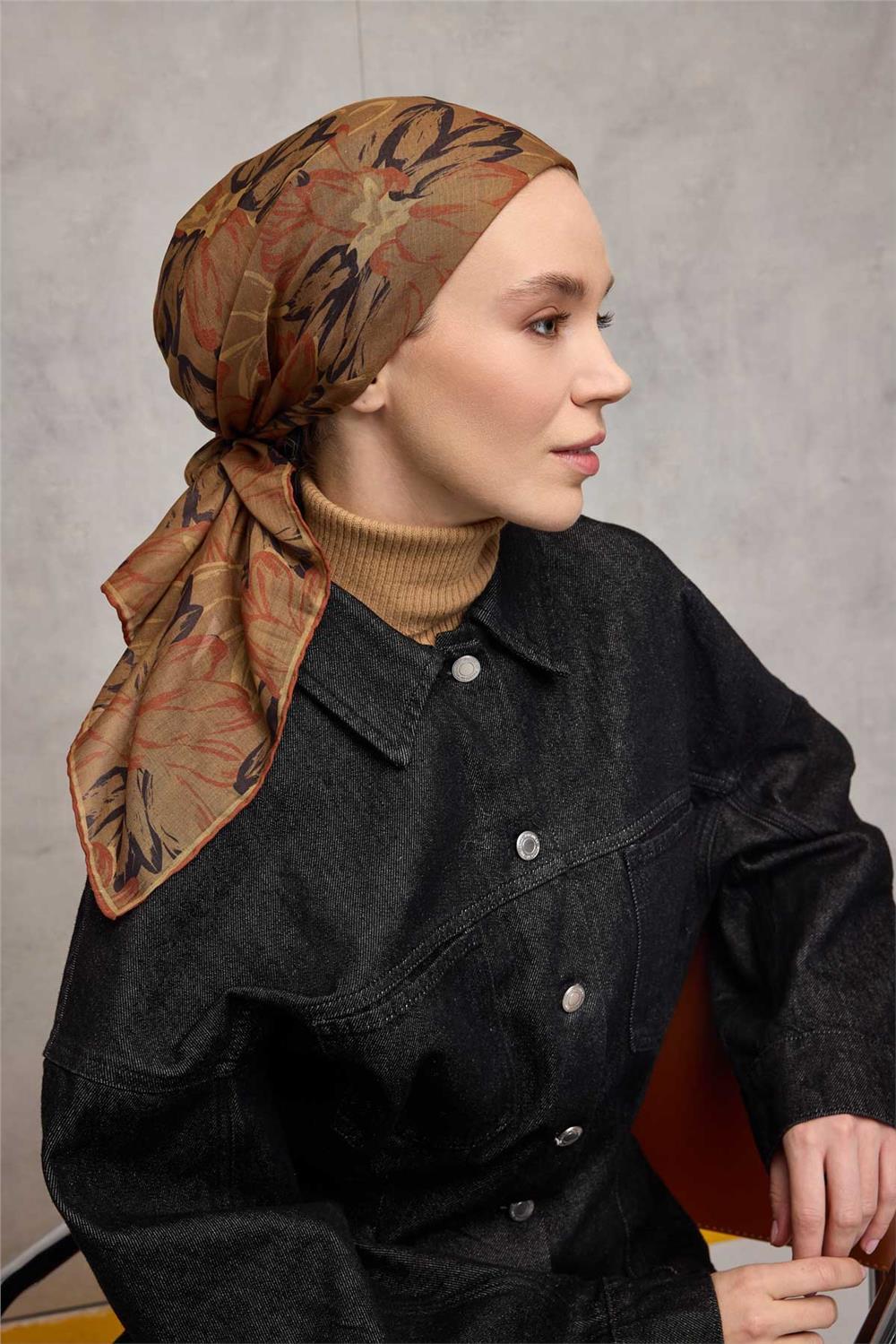 Pamuk Polyester Soft Eşarp Botanik Desen Olive 90*90