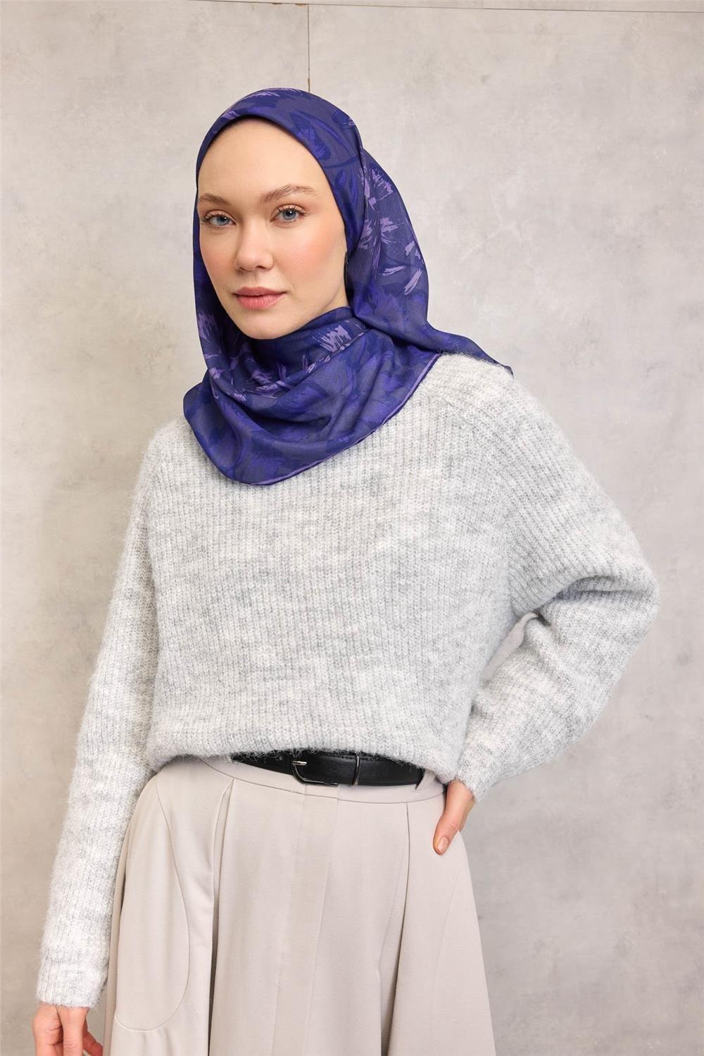 Pamuk Polyester Soft Eşarp Büyük Papatya Desen Violet 90x90