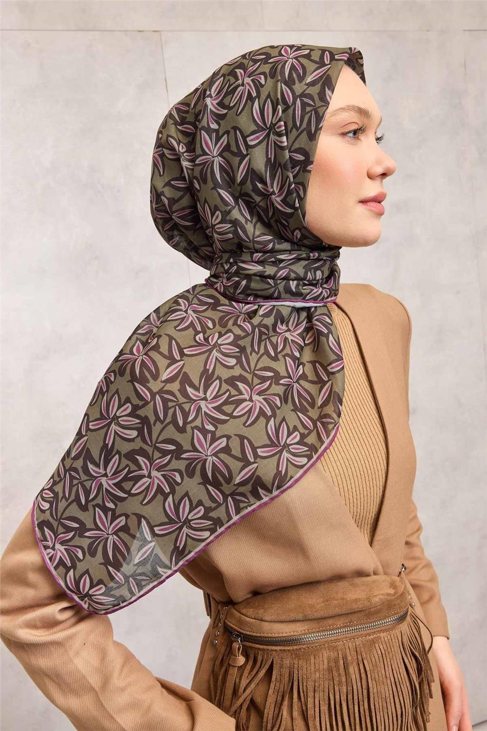 Pamuk Polyester Soft Eşarp Flora Desen Asker Yeşili 90*90