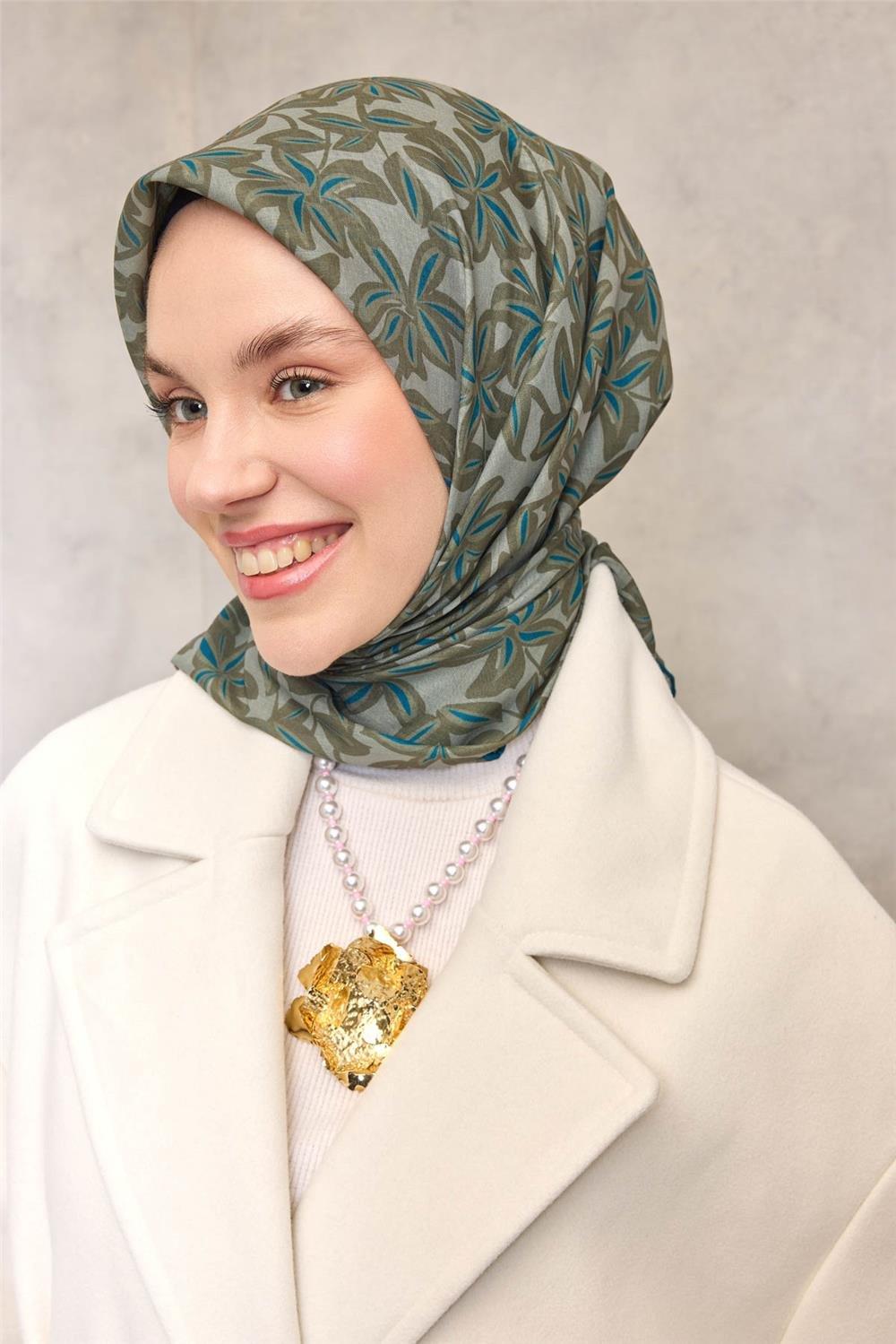 Pamuk Polyester Soft Eşarp Flora Desen Soluk Yeşil 90*90