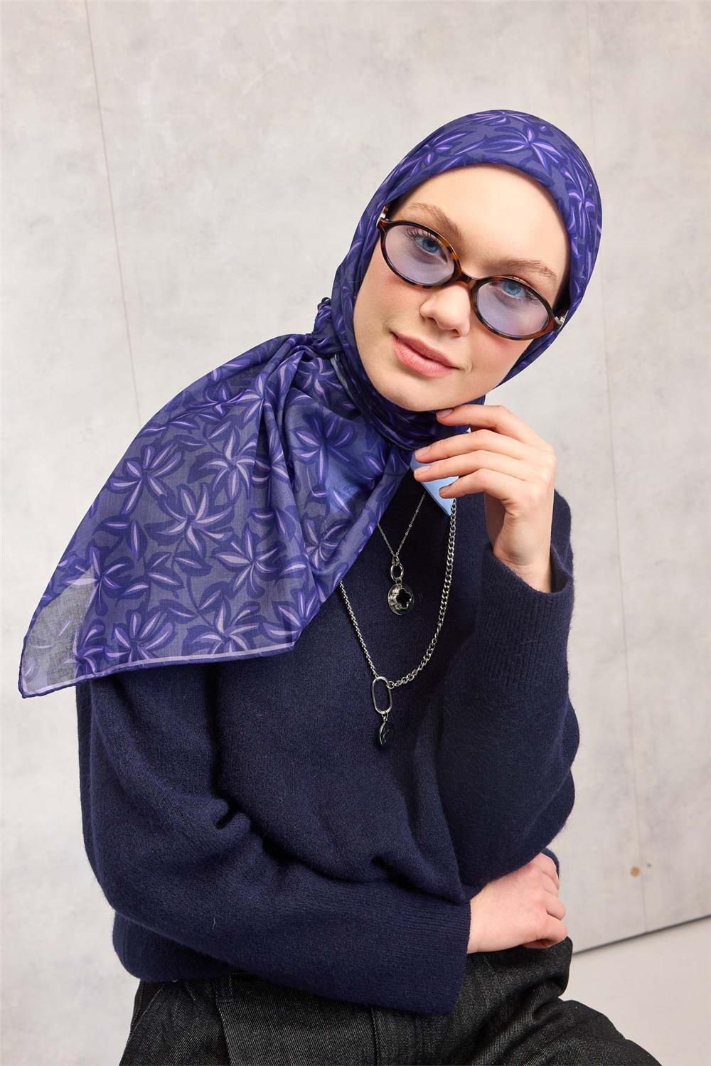 Pamuk Polyester Soft Eşarp Flora Desen Soluk Mor 90*90