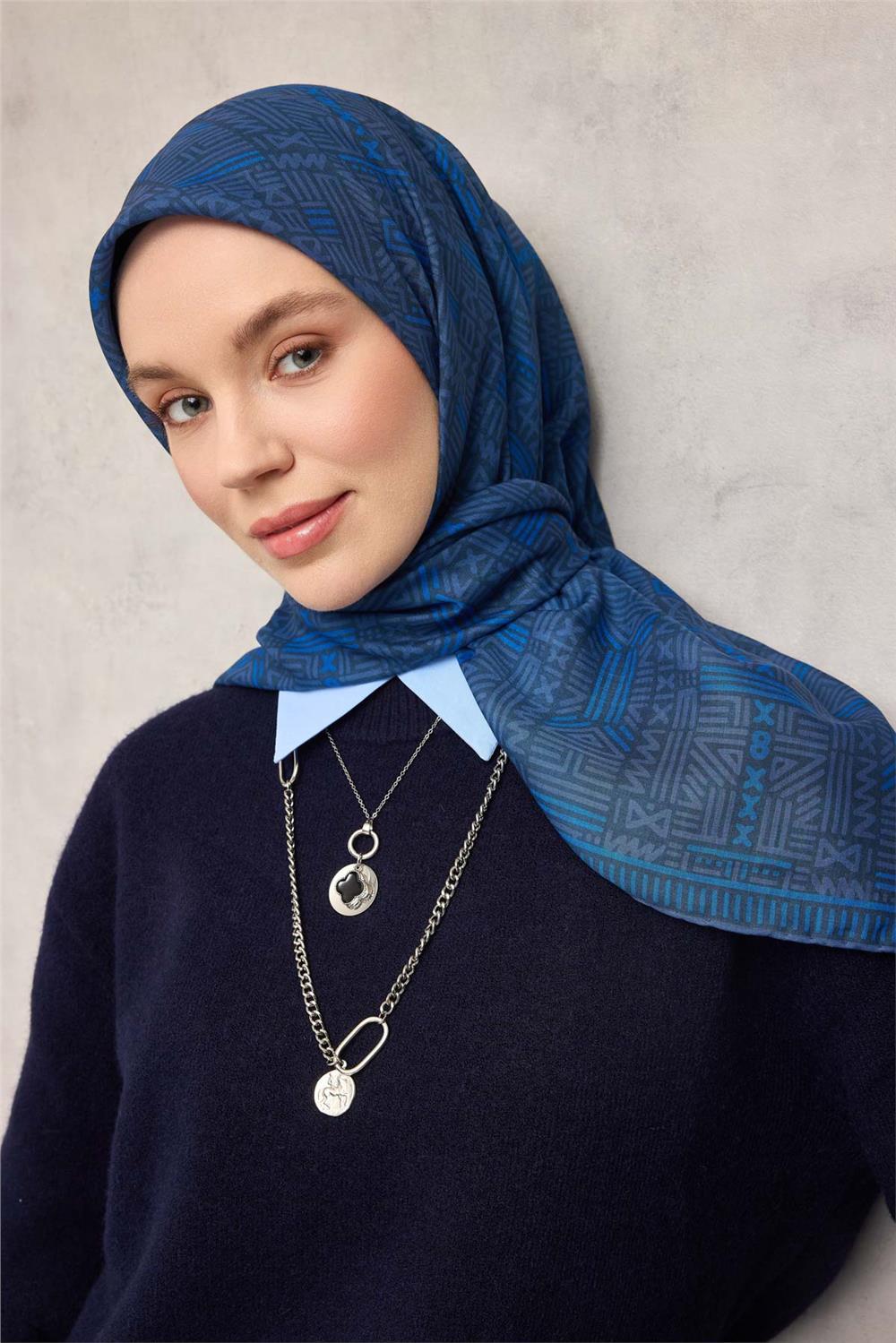 Pamuk Polyester Soft Eşarp Geometrik Desen Gri Mavi 90*90