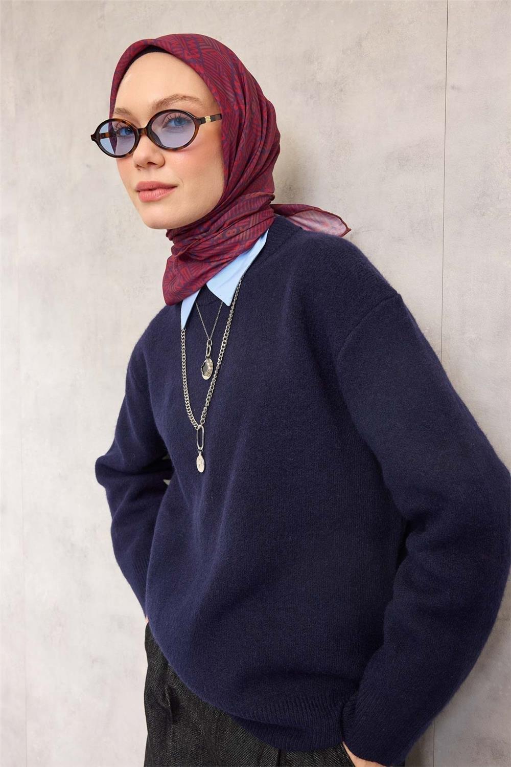 Pamuk Polyester Soft Eşarp Geometrik Desen Mor 90*90