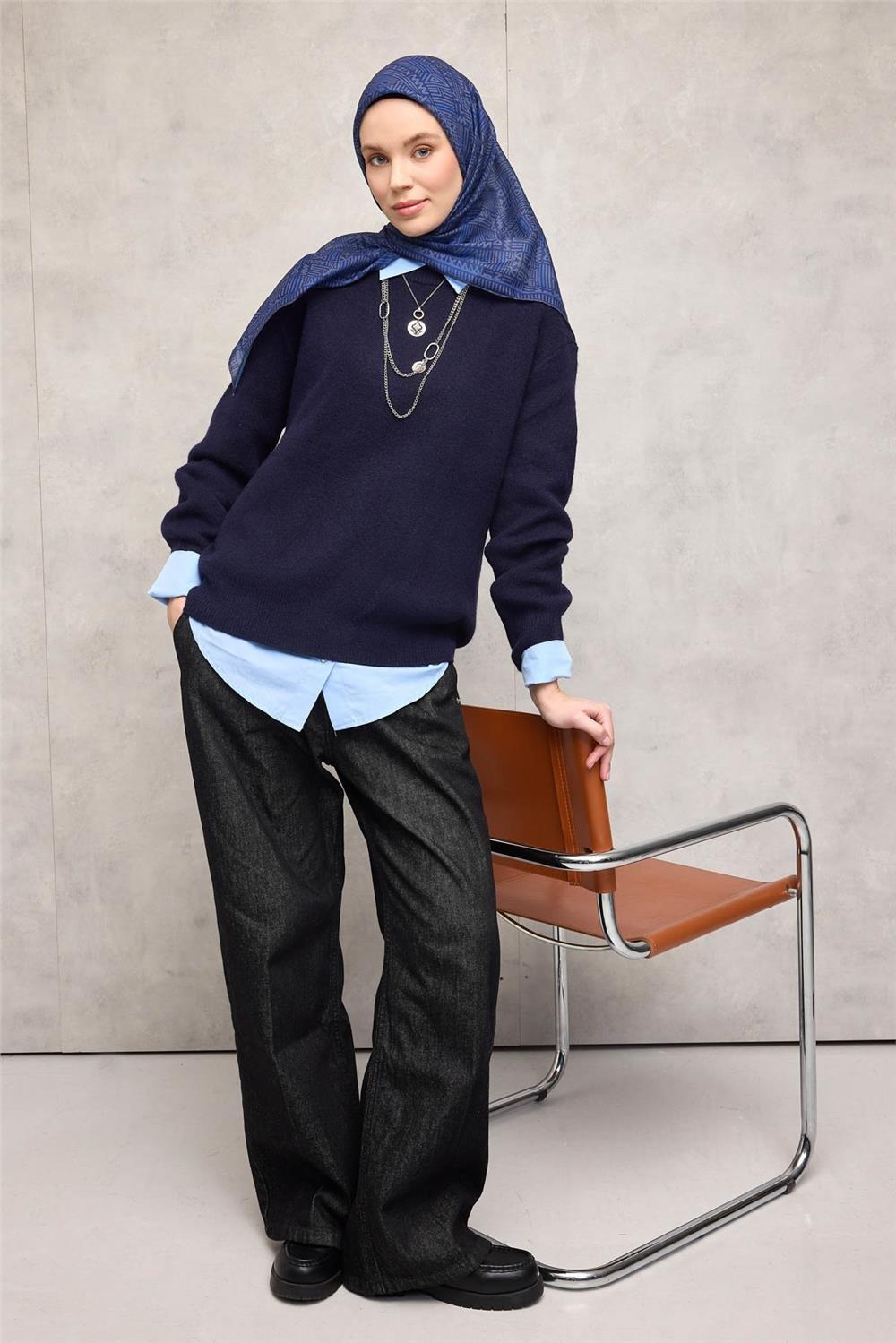 Pamuk Polyester Soft Eşarp Geometrik Desen Gece Mavisi 90*90