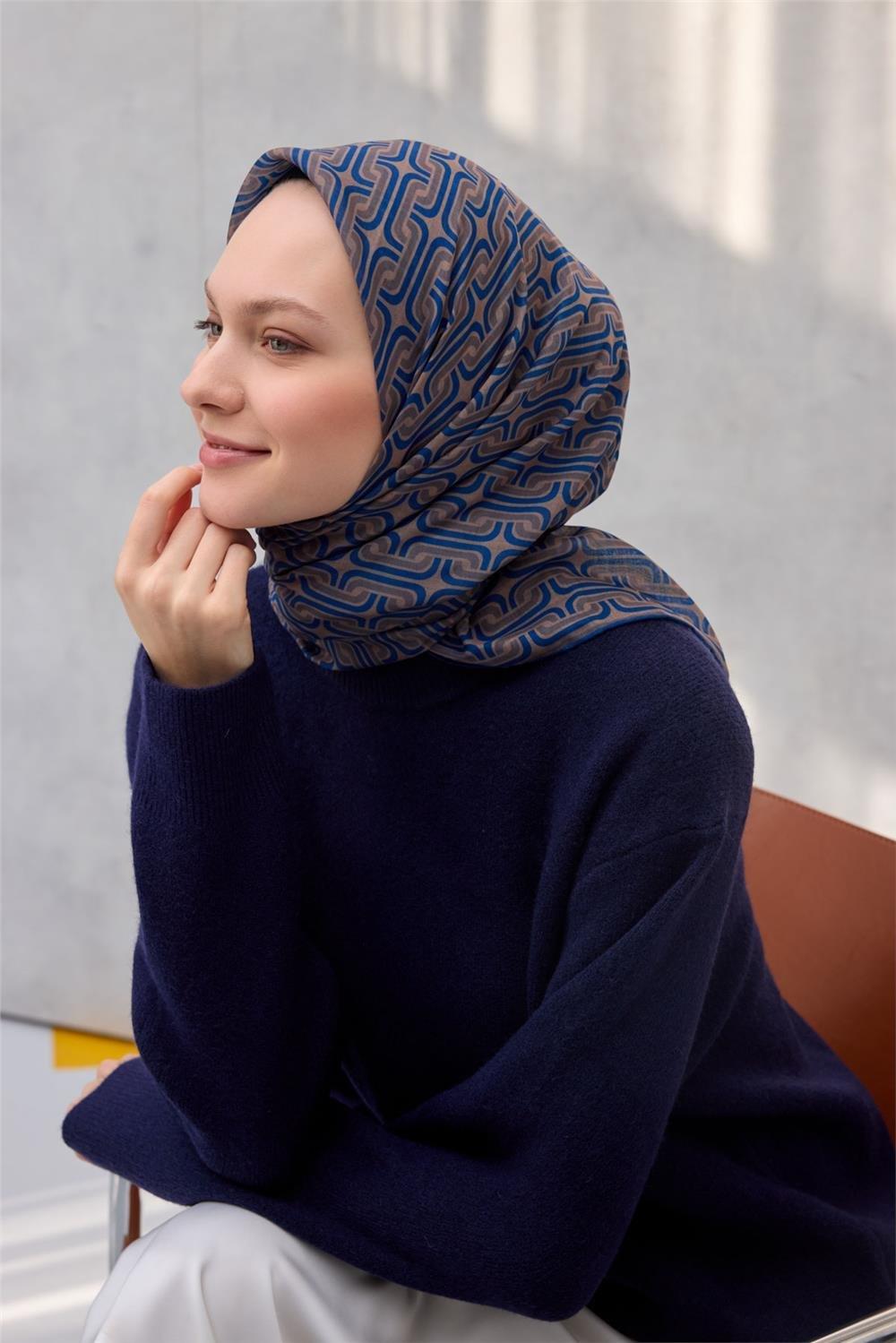 Pamuk Polyester Soft Eşarp Geometrik Desen 90*90