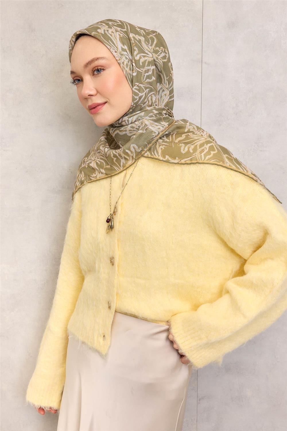 Pamuk Polyester Soft Eşarp Lilyum Desen Haki 90x90