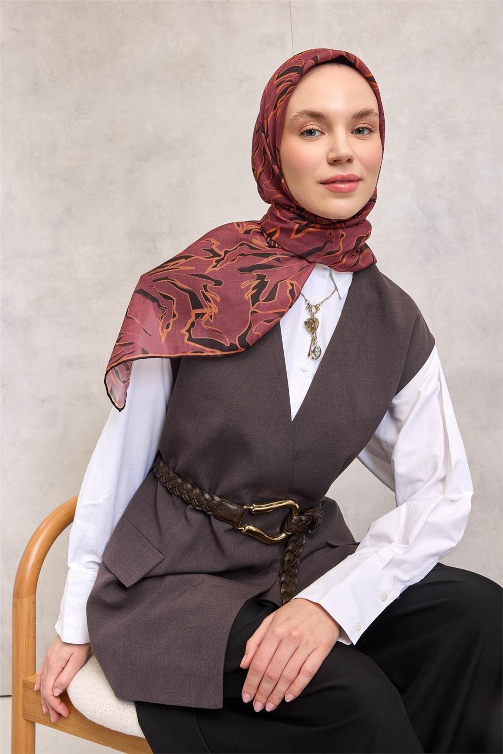 Pamuk Polyester Soft Eşarp Soyut Desen Açık Mürdüm 90x90