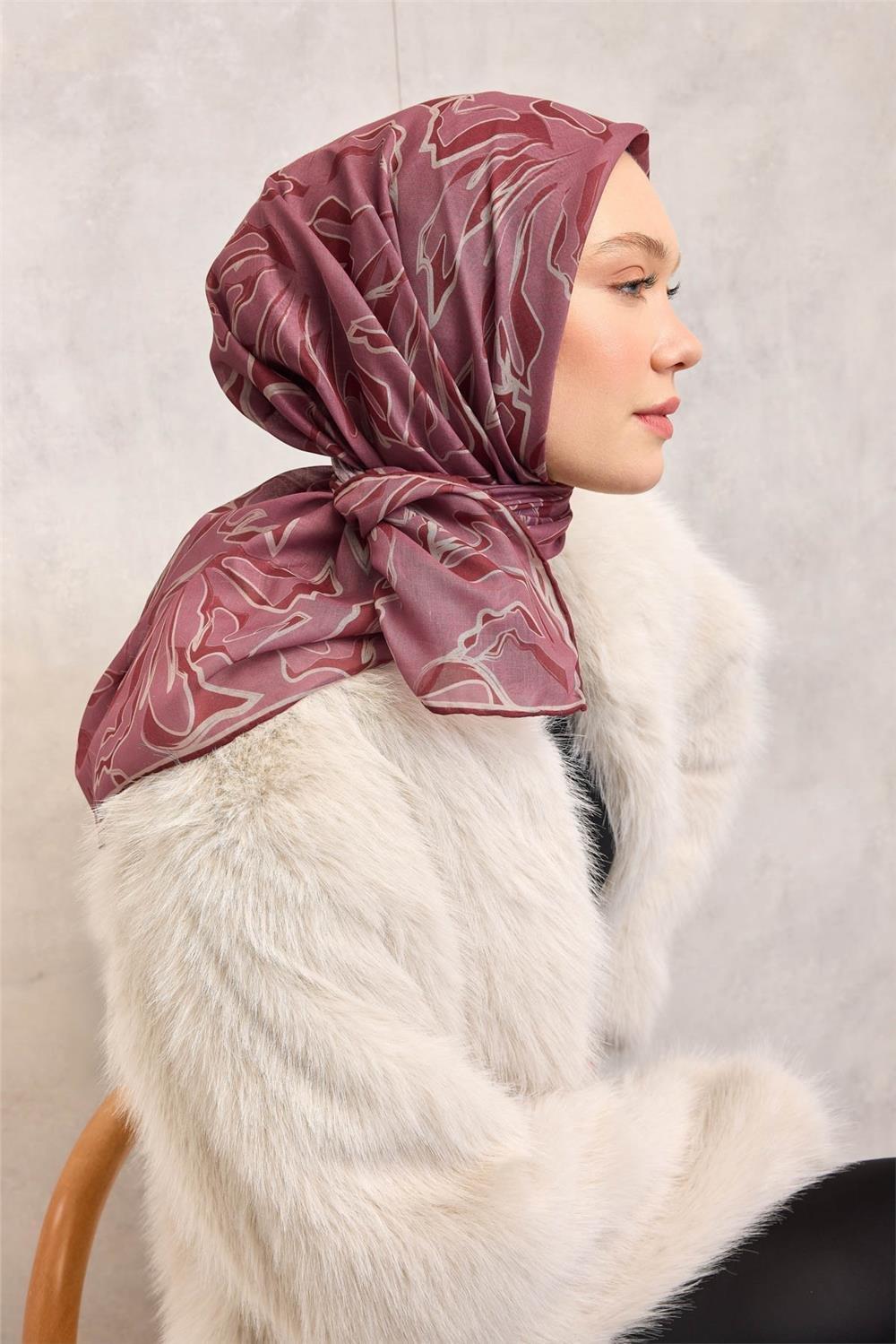 Pamuk Polyester Soft Eşarp Soyut Desen Gül Kurusu 90x90