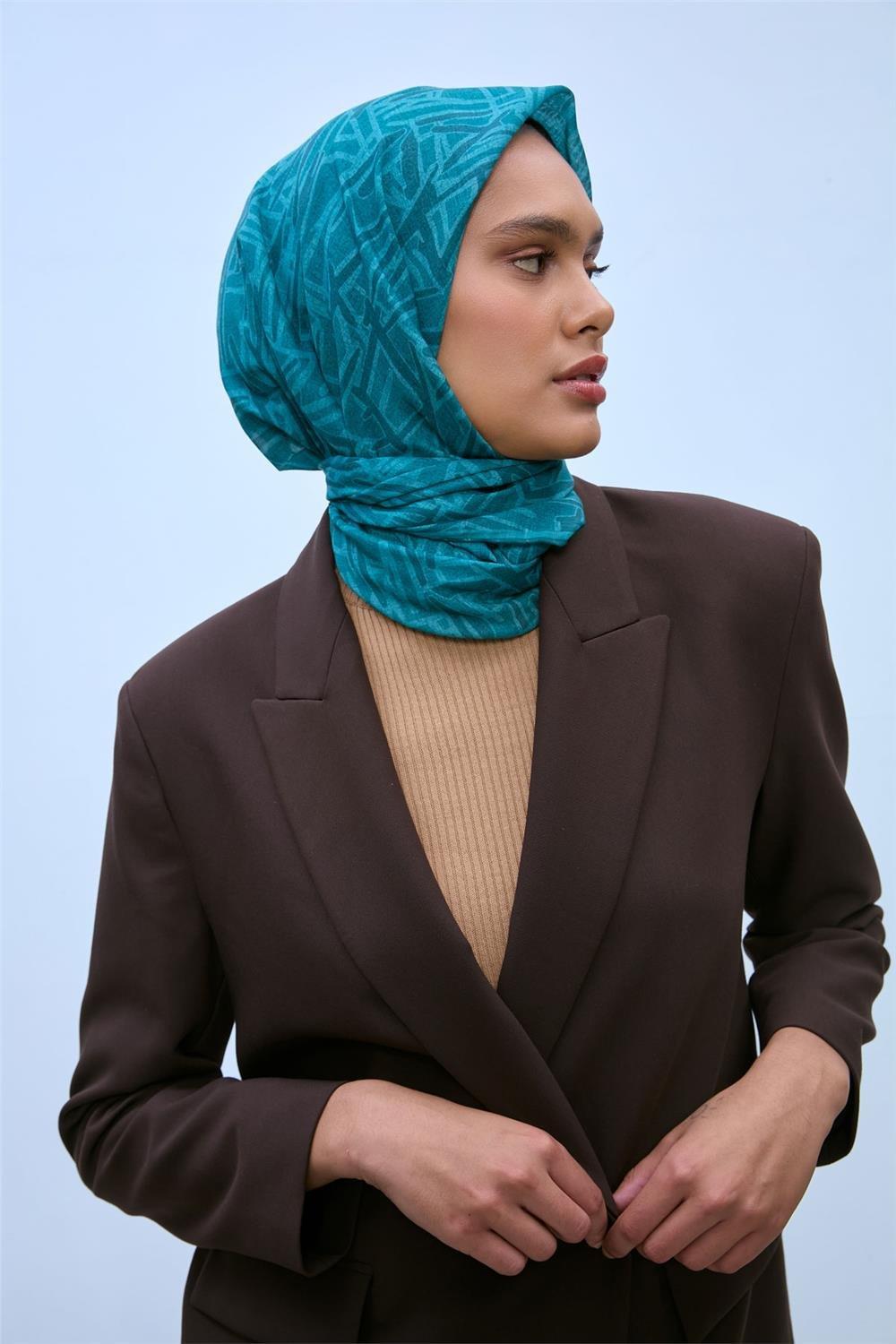 Pamuk Polyester Soft Eşarp Turkuaz Geometrik Desen 90*90