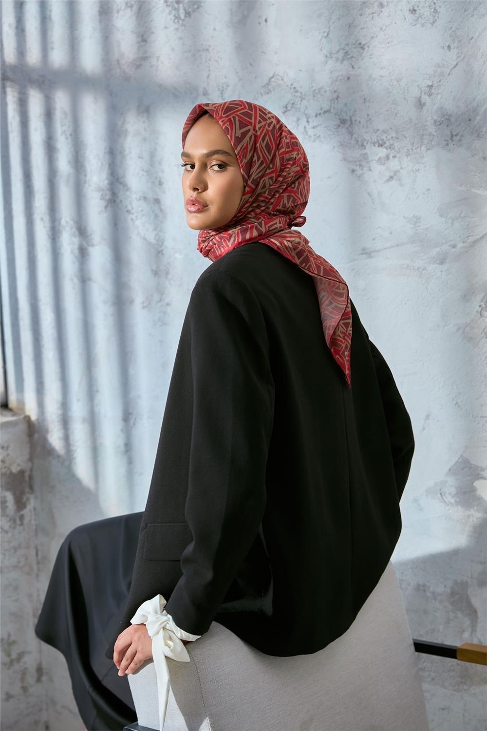 Pamuk Polyester Soft Eşarp Vişne Geometrik Desen 90*90