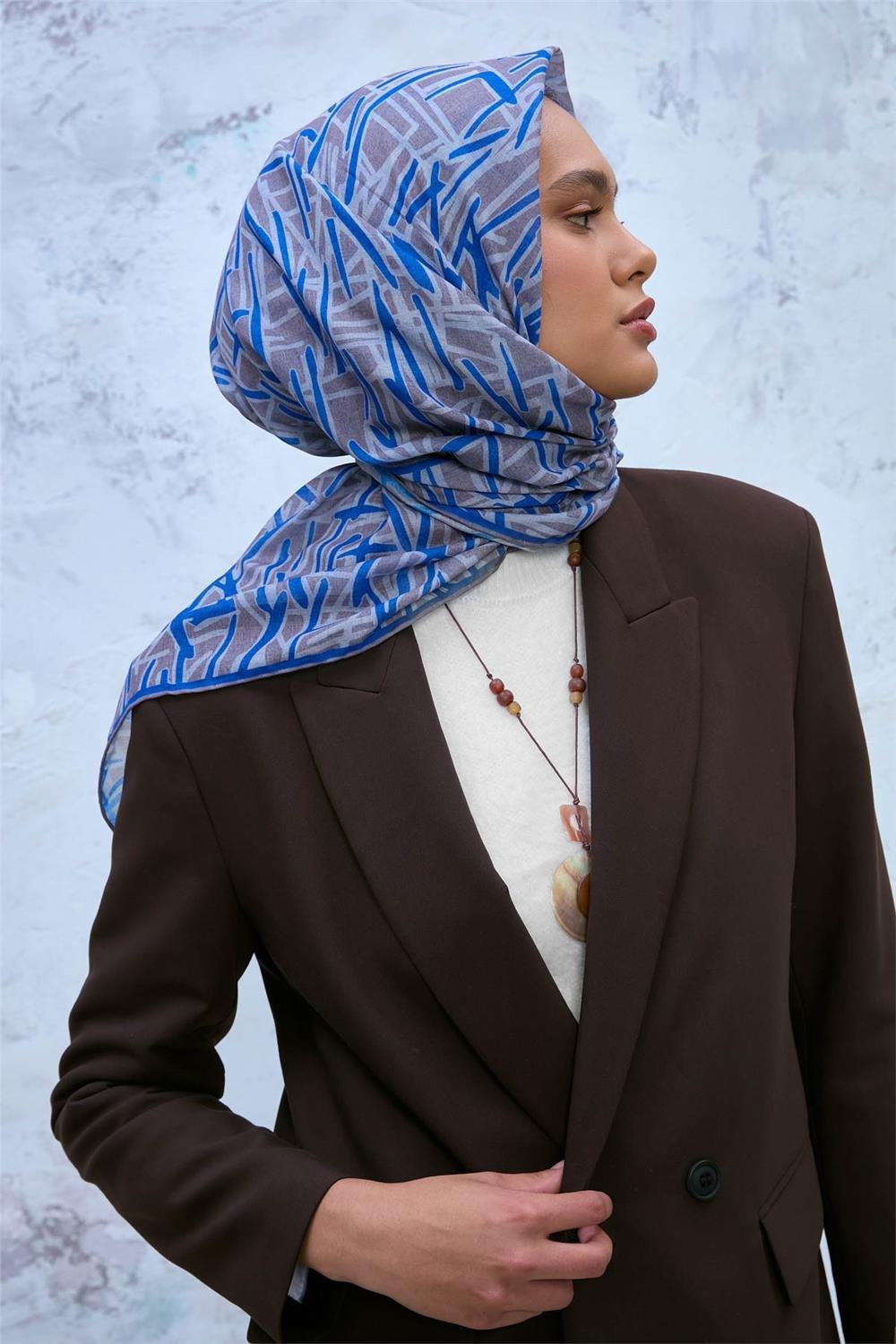 Pamuk Polyester Soft Eşarp Vizon Geometrik Desen 90*90