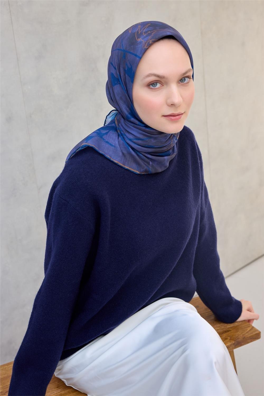 Pamuk Polyester Soft Eşarp Yaprak Desen 90*90