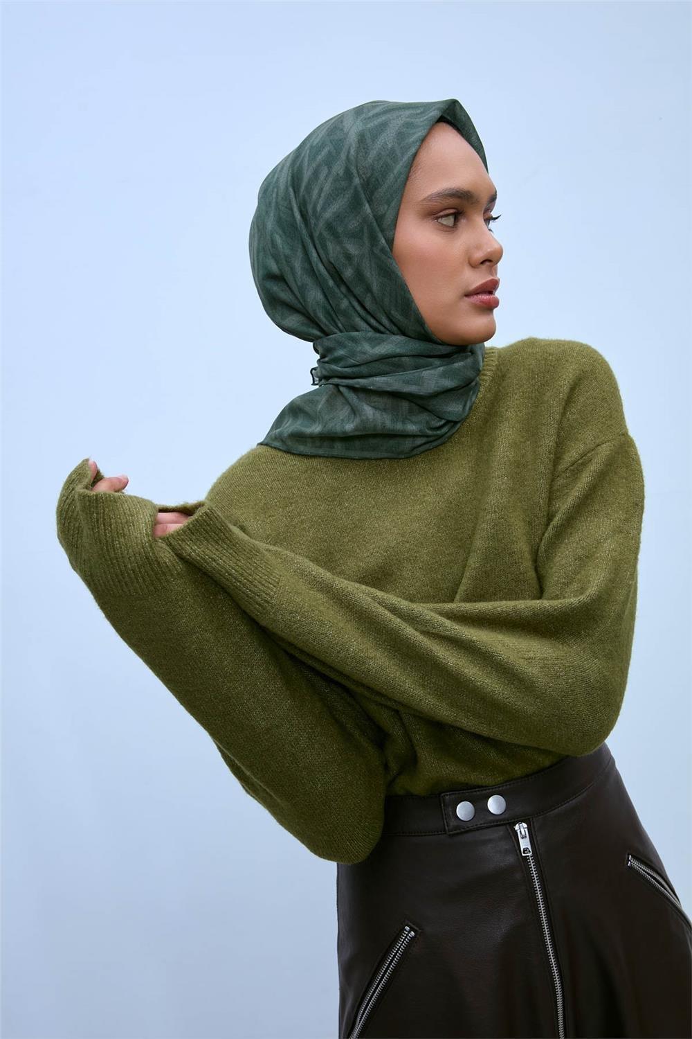 Pamuk Polyester Soft Eşarp Yeşil Geometrik Desen 90*90