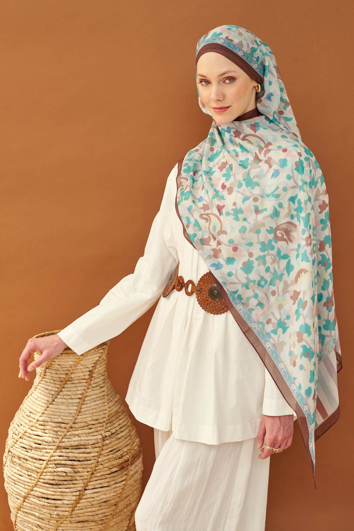Riva Şal Tencel Botanical Floral Turkuaz