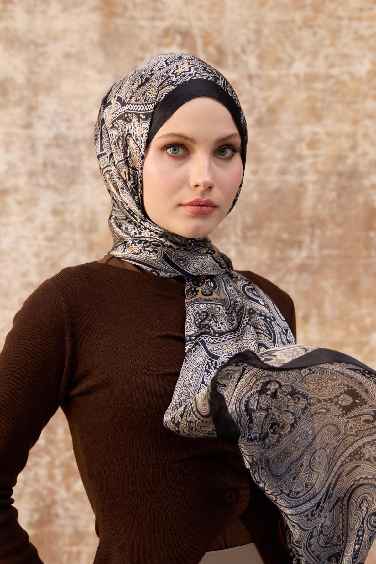 Siyah Ekru Hint Vual Şal -  5003-14