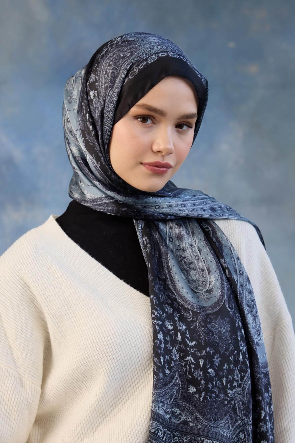 Siyah Gri Hint Vual Şal -  5002-10