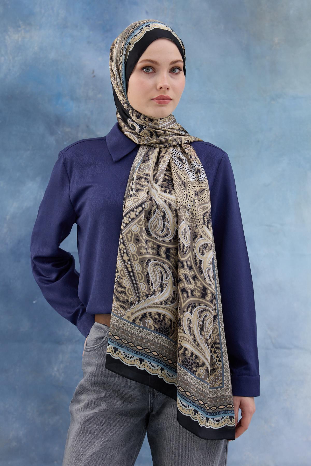 Siyah Kahve Hint Vual Şal -  5005-08