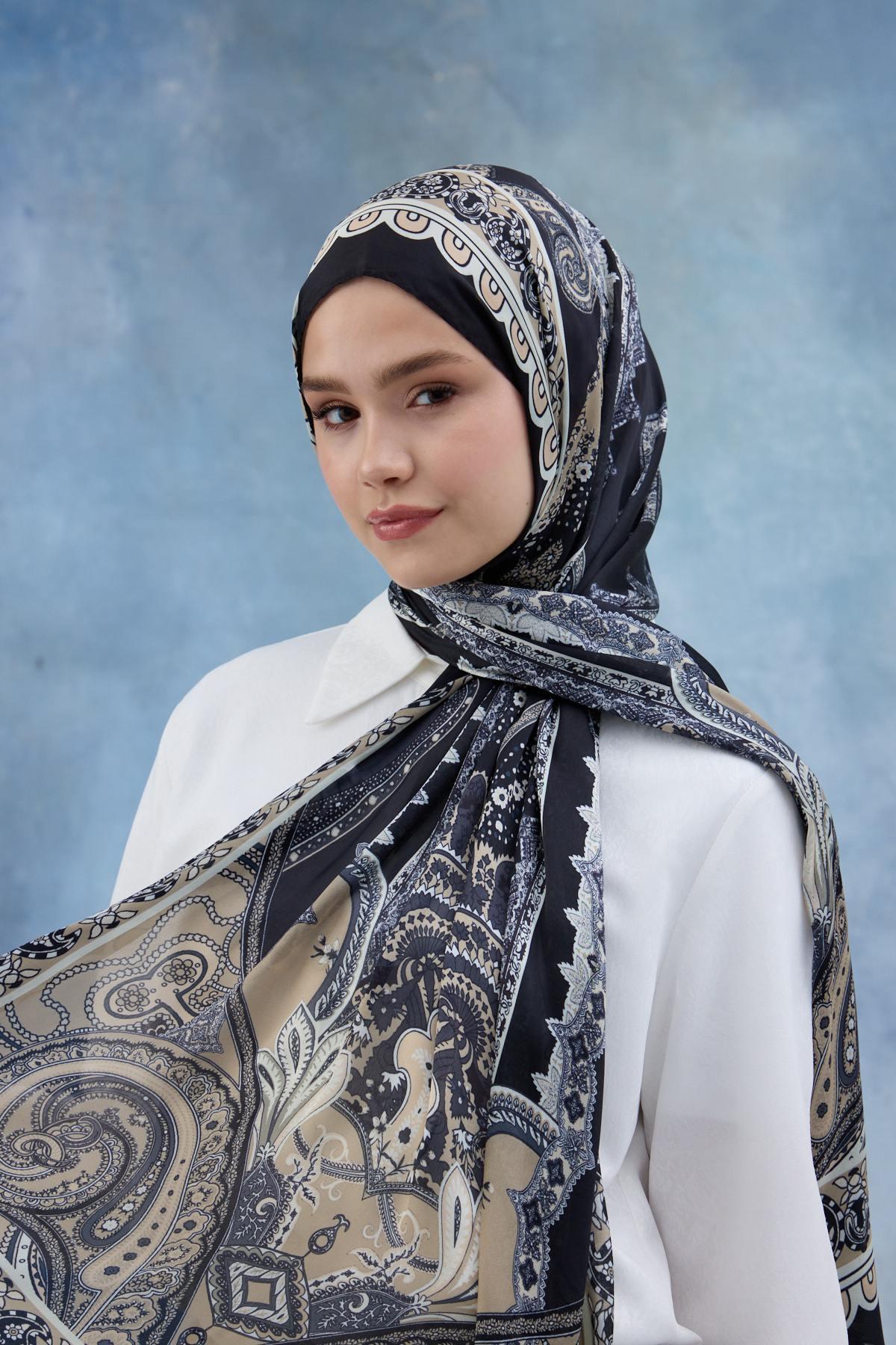 Siyah Kahve Hint Vual Şal -  5006-04