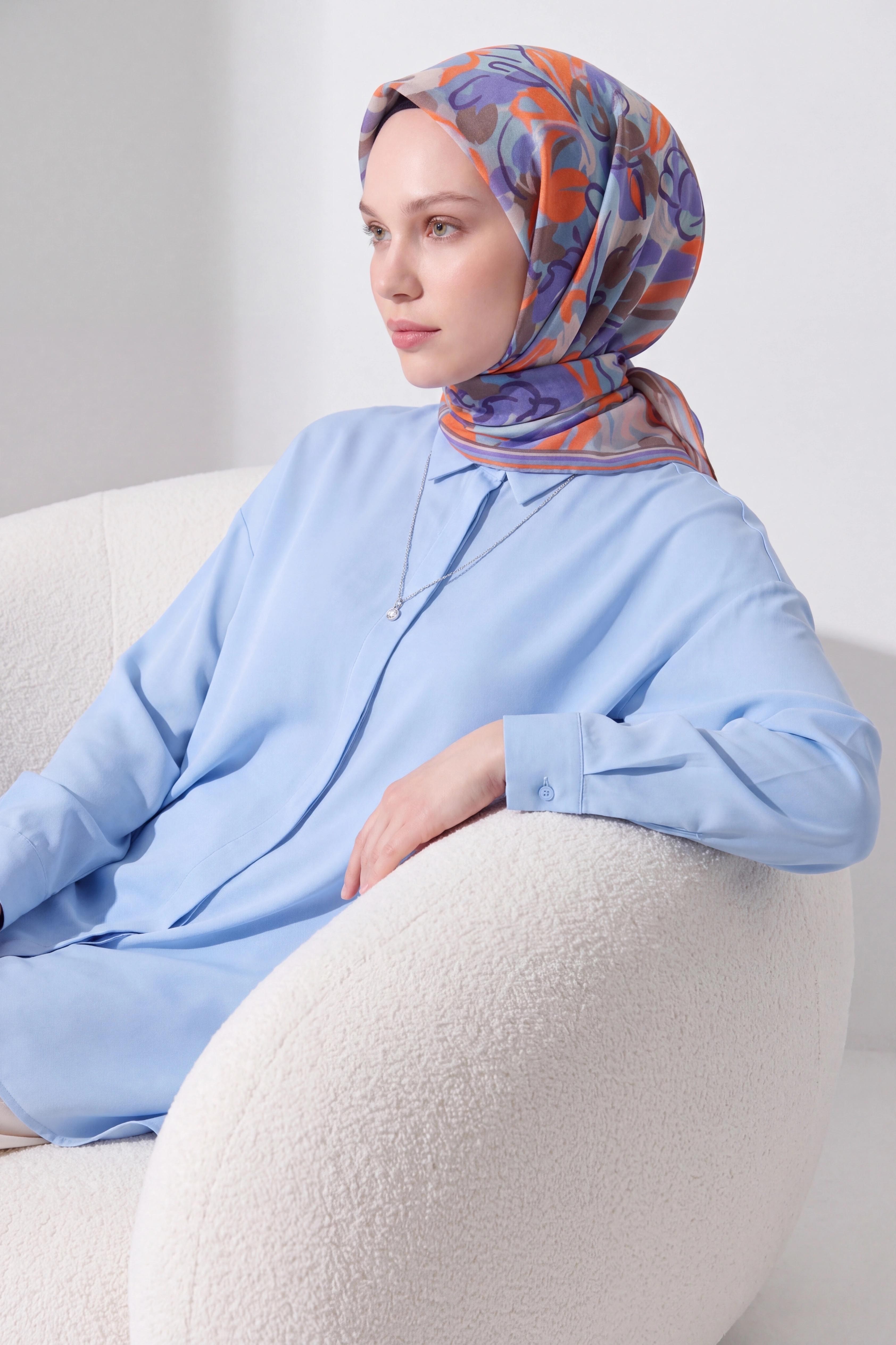 Soft Eşarp Painterly Floral Gök Mavi