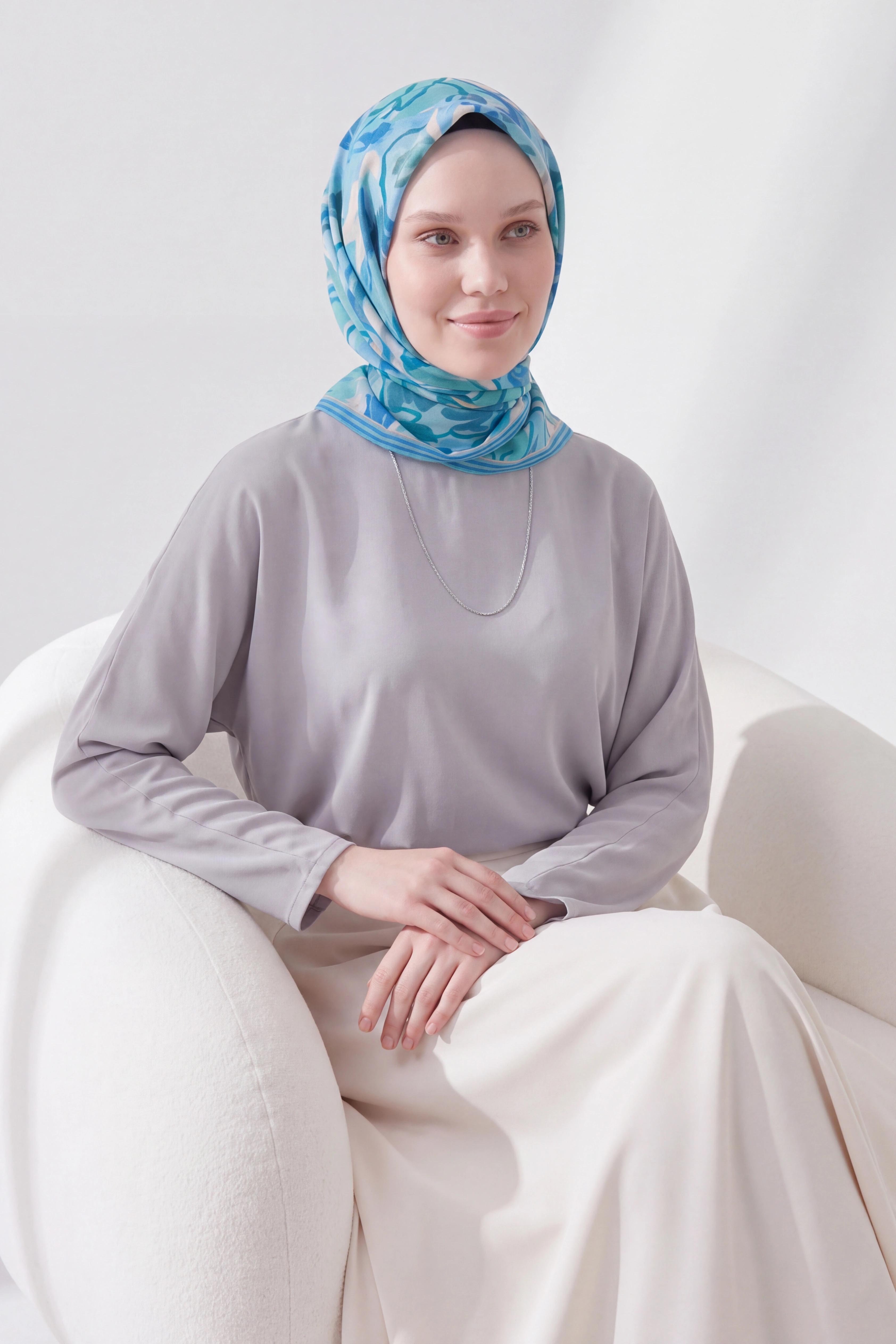 Soft Eşarp Painterly Floral Gök Mavi