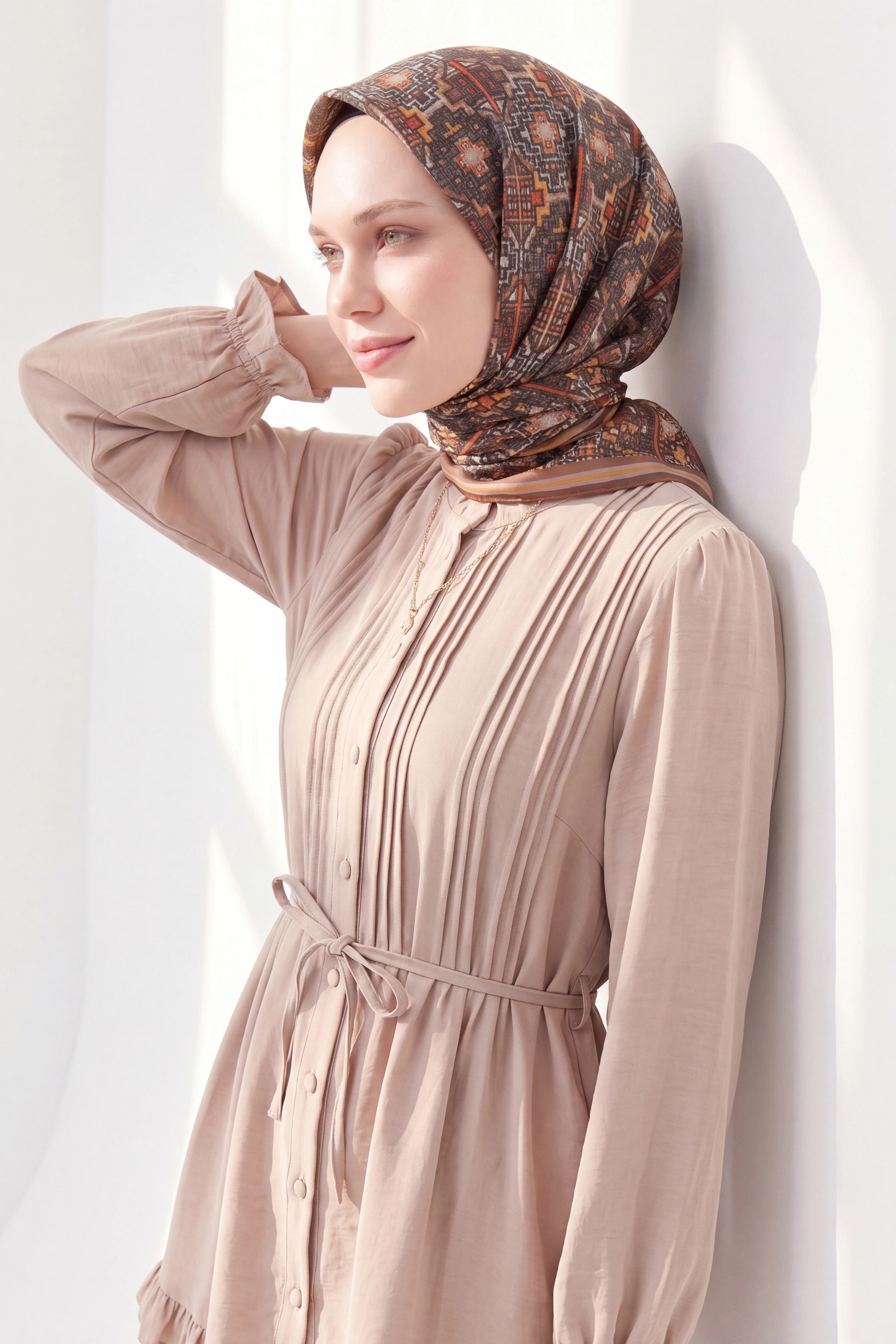 Soft Eşarp Pixel Ethnic Koyu Vizon